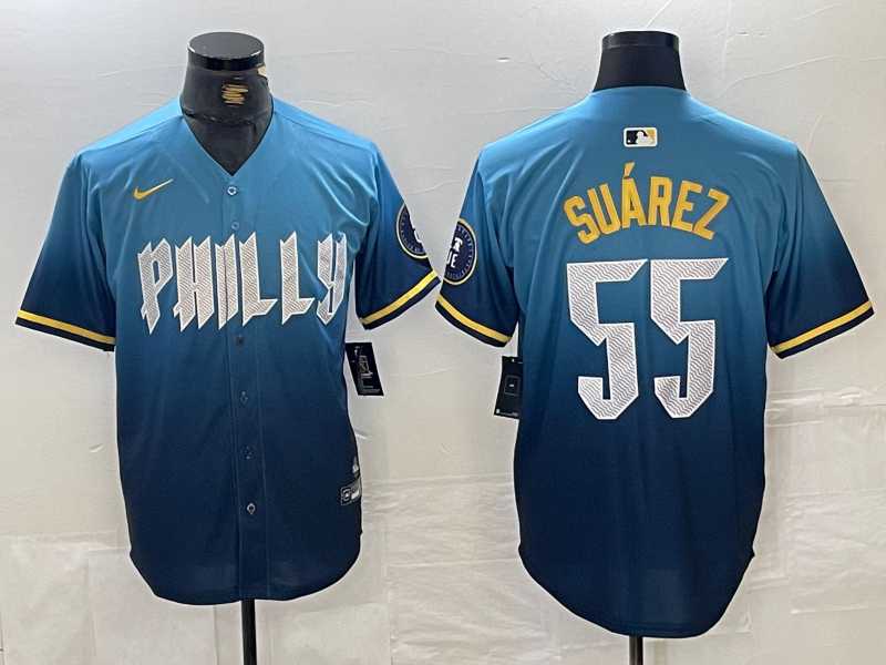 Mens Philadelphia Phillies #55 Ranger Suarez Blue 2024 City Cool Base Jersey->philadelphia phillies->MLB Jersey
